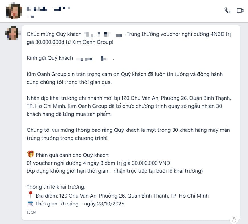 Tin nhắn do đối tượng mạo danh Kim Oanh Group gửi khách hàng để lừa đảo
