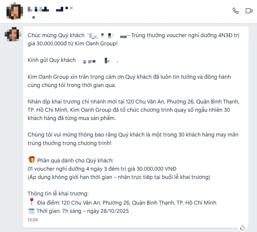 Tin nhắn do đối tượng mạo danh Kim Oanh Group gửi khách hàng để lừa đảo