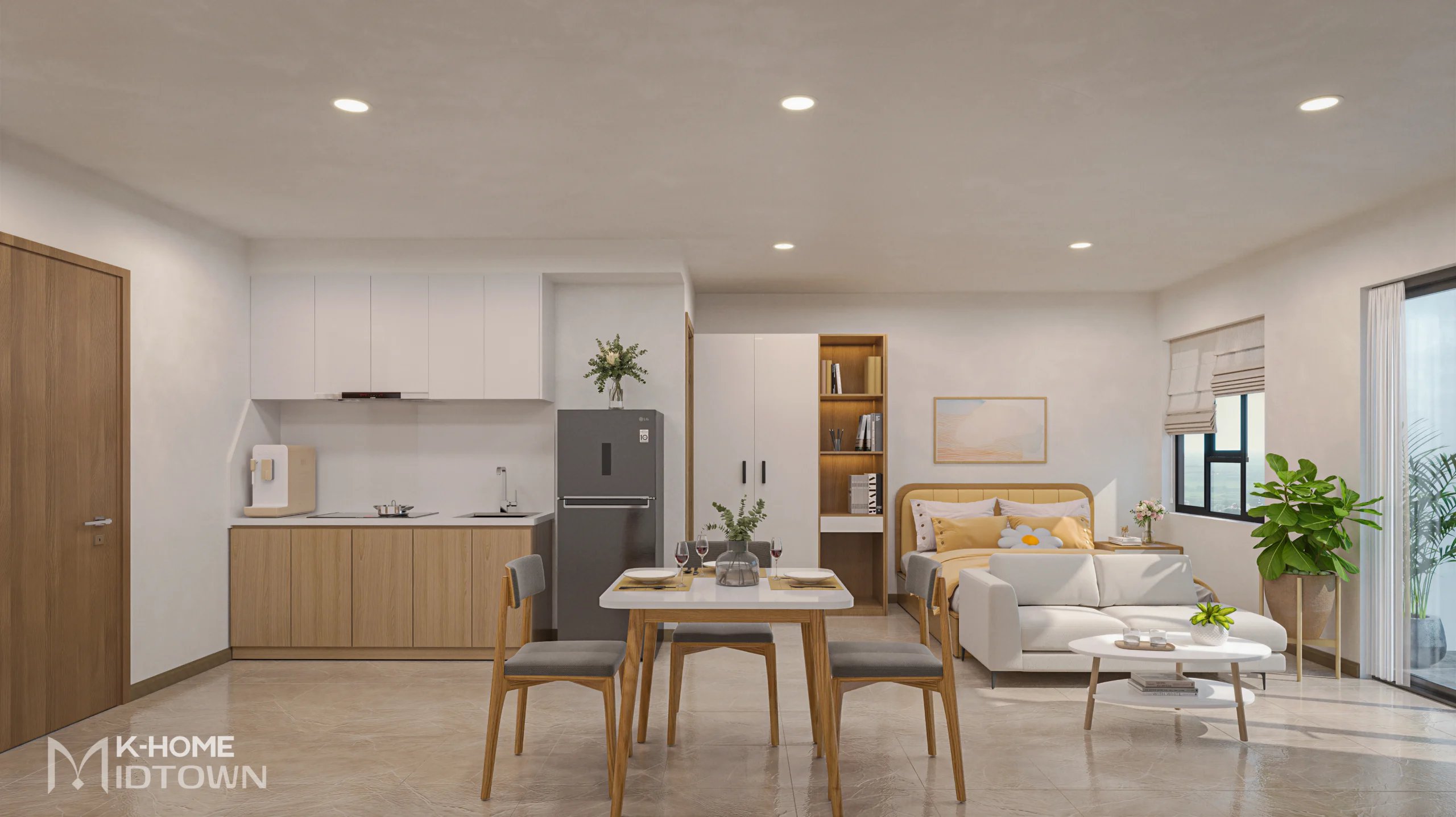 Căn Studio với thiết kế không vách ngăn, là giải pháp tiết kiệm diện tích làm nổi bật xu hướng sống hiện đại, gọn gàng, linh hoạt và tối ưu không gian sinh hoạt.