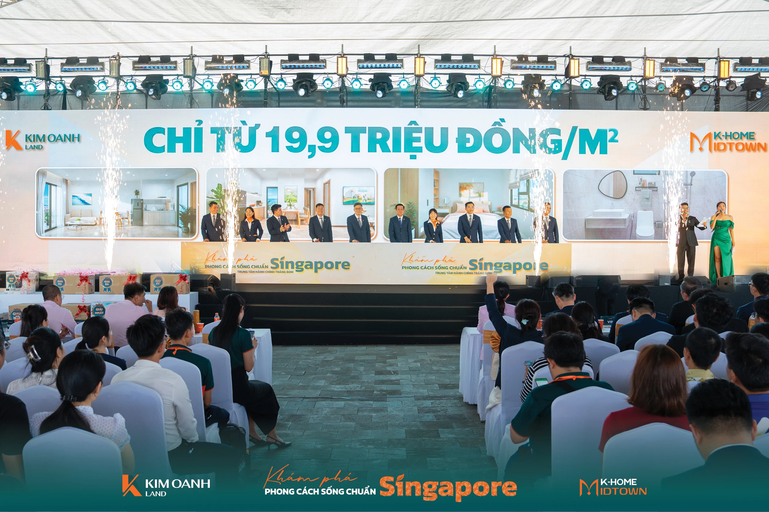 Ban lãnh đạo Kim Oanh Land trogn nghi thức khai mở hành trình “Khám phá phong cách sống chuẩn Singapore” tại K-Home Midtown. Theo đó, chỉ cần trả trước khoảng 150 triệu đồng là khách hàng được sở hữu ngay 1 căn hộ bàn giao đầy đủ nội thất, chỉ việc xách vali vào ở.